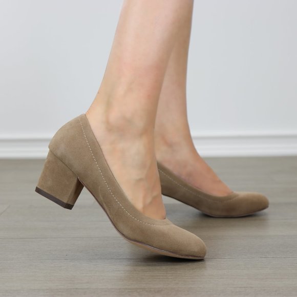 Shoes - Taupe Vegan Suede Round Toe Chunky Heel Pump